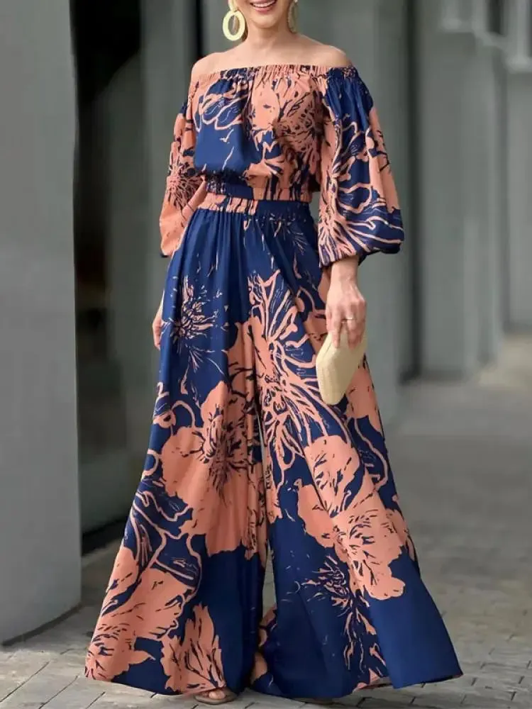 Amozae-Elegant Two Piece Set For Women Fashion Floral Printed Off-The-Shoulder Tops & Elasticity High Waist Wide Leg Pants