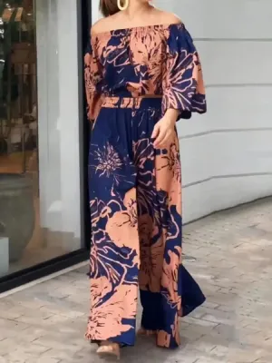 Amozae-Elegant Two Piece Set For Women Fashion Floral Printed Off-The-Shoulder Tops & Elasticity High Waist Wide Leg Pants