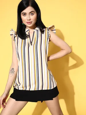 Berrylush Women Yellow, White, & Black Striped Print Mandarin Collar Neck Crepe Ruffled Regular Top