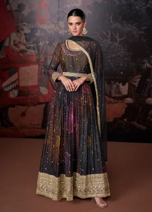 Blue Black Printed & Embroidered Wedding Anarkali Dress