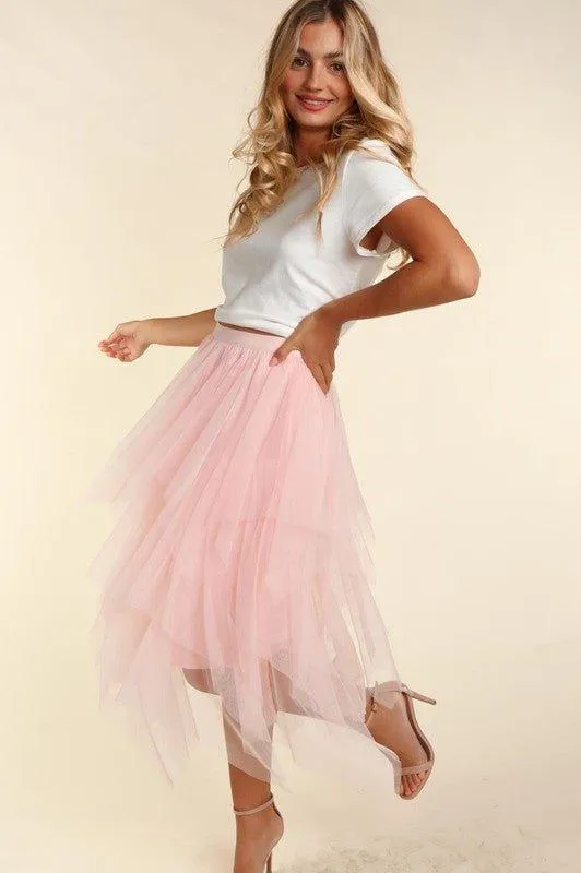 BLUSH TULLE TIERED MIDI SKIRT