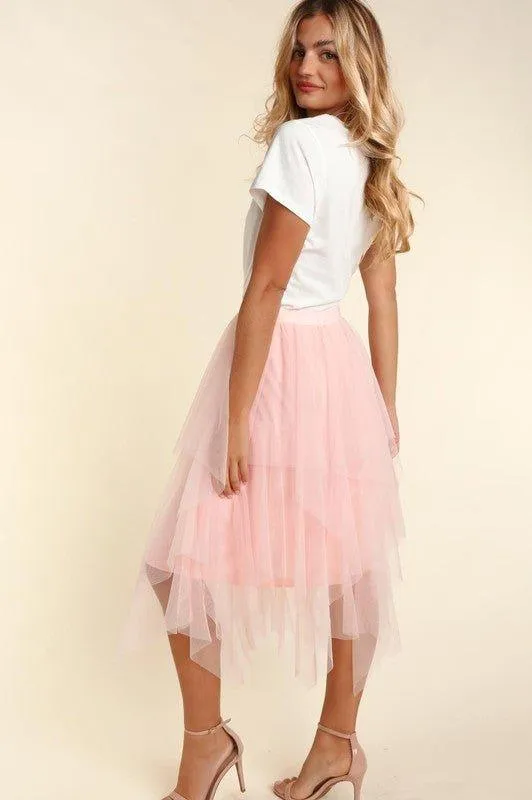 BLUSH TULLE TIERED MIDI SKIRT