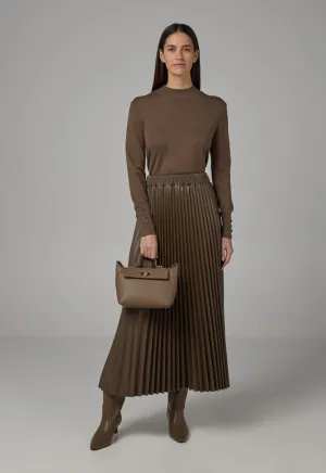 Choice Pleated Pu Leather Solid Skirt Brown