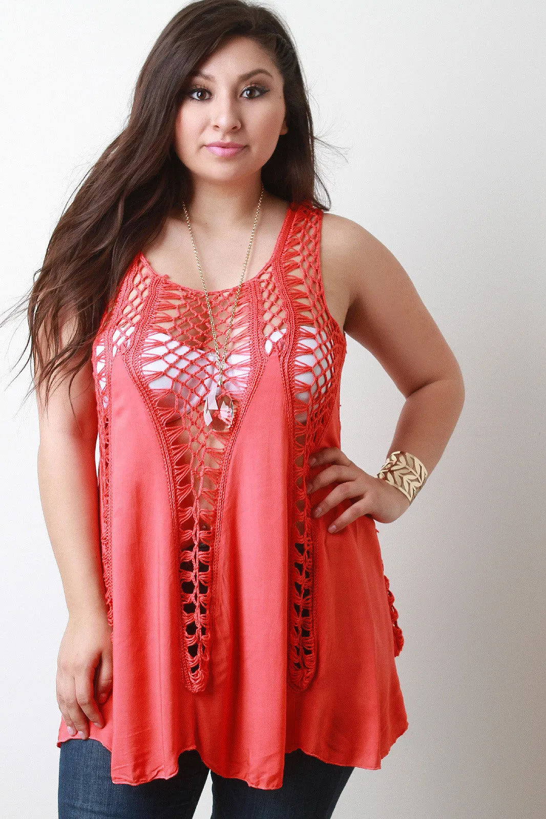 Crochet Panel Sleeveless Flowy Top