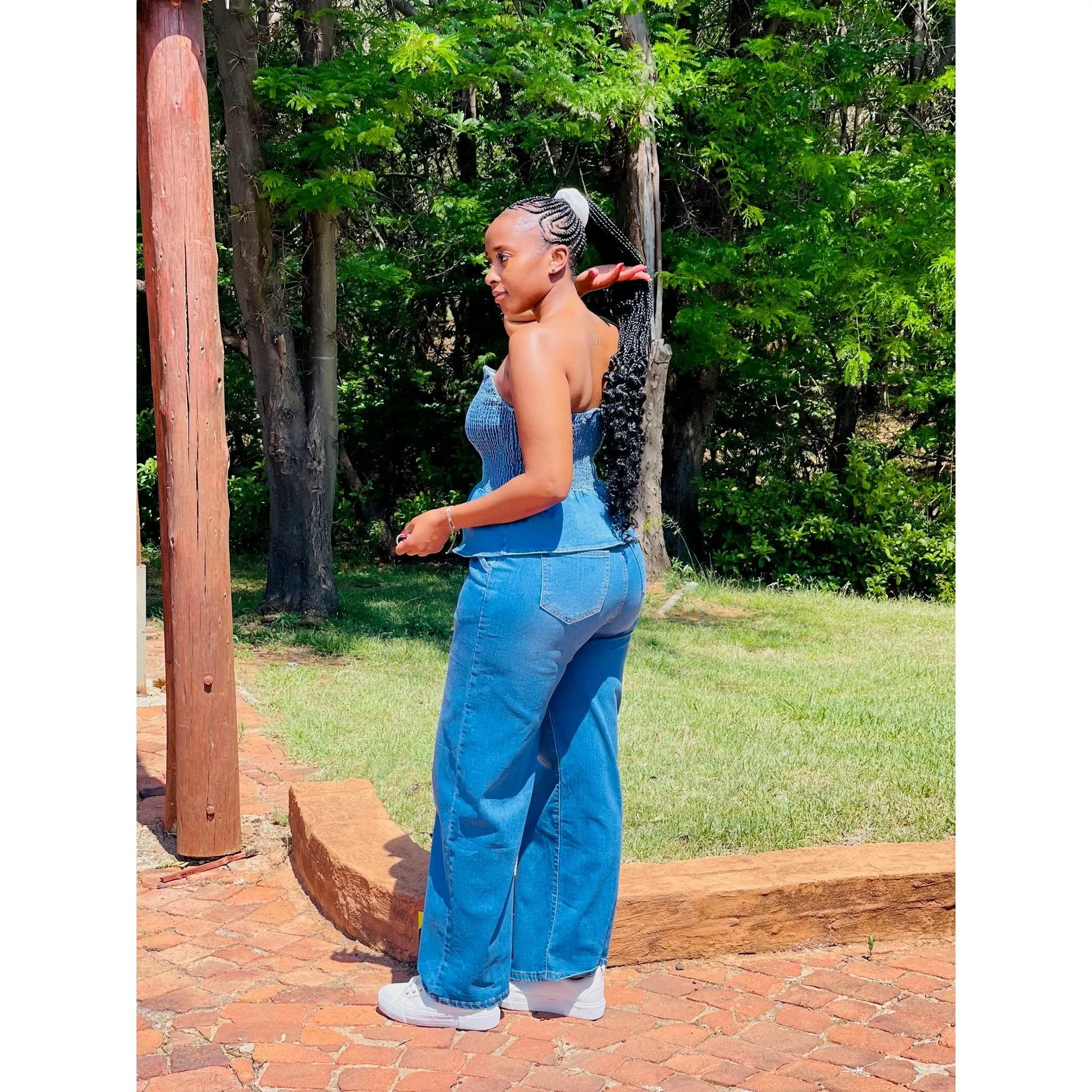 Denim Tube Tops Wide Leg Strapless Pant Sets.