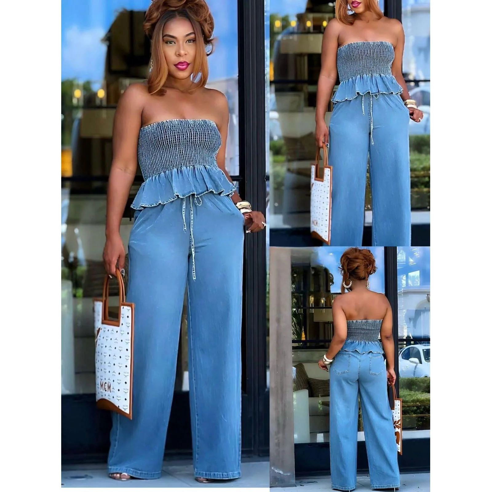 Denim Tube Tops Wide Leg Strapless Pant Sets.