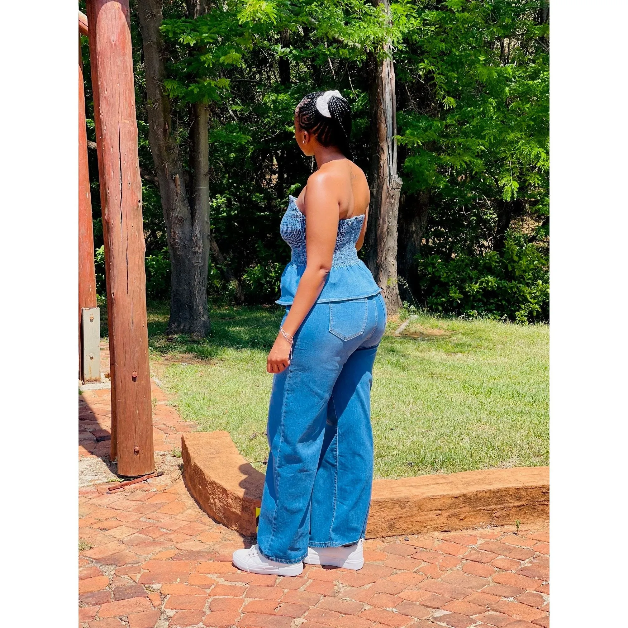 Denim Tube Tops Wide Leg Strapless Pant Sets.