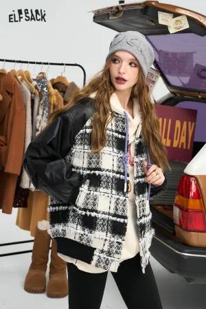 ELFSACK 2024 Winter New Arrivals Black and white checkered PU patchwork baseball jacket for women, woven jacquard wool