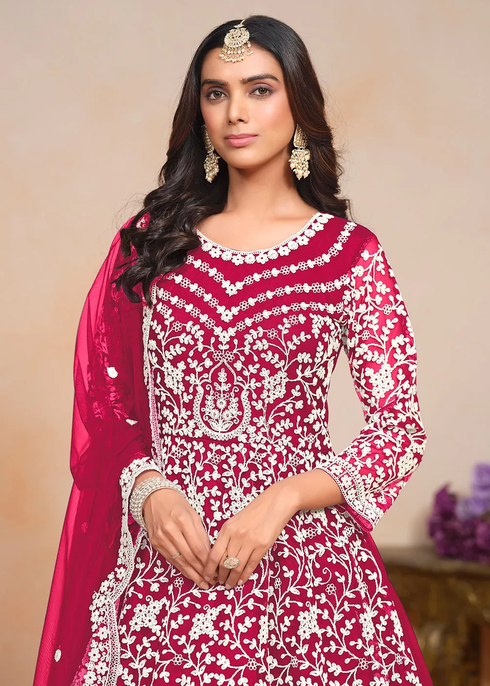 Festive Hot Pink Embroidered Net Designer Anarkali Dress