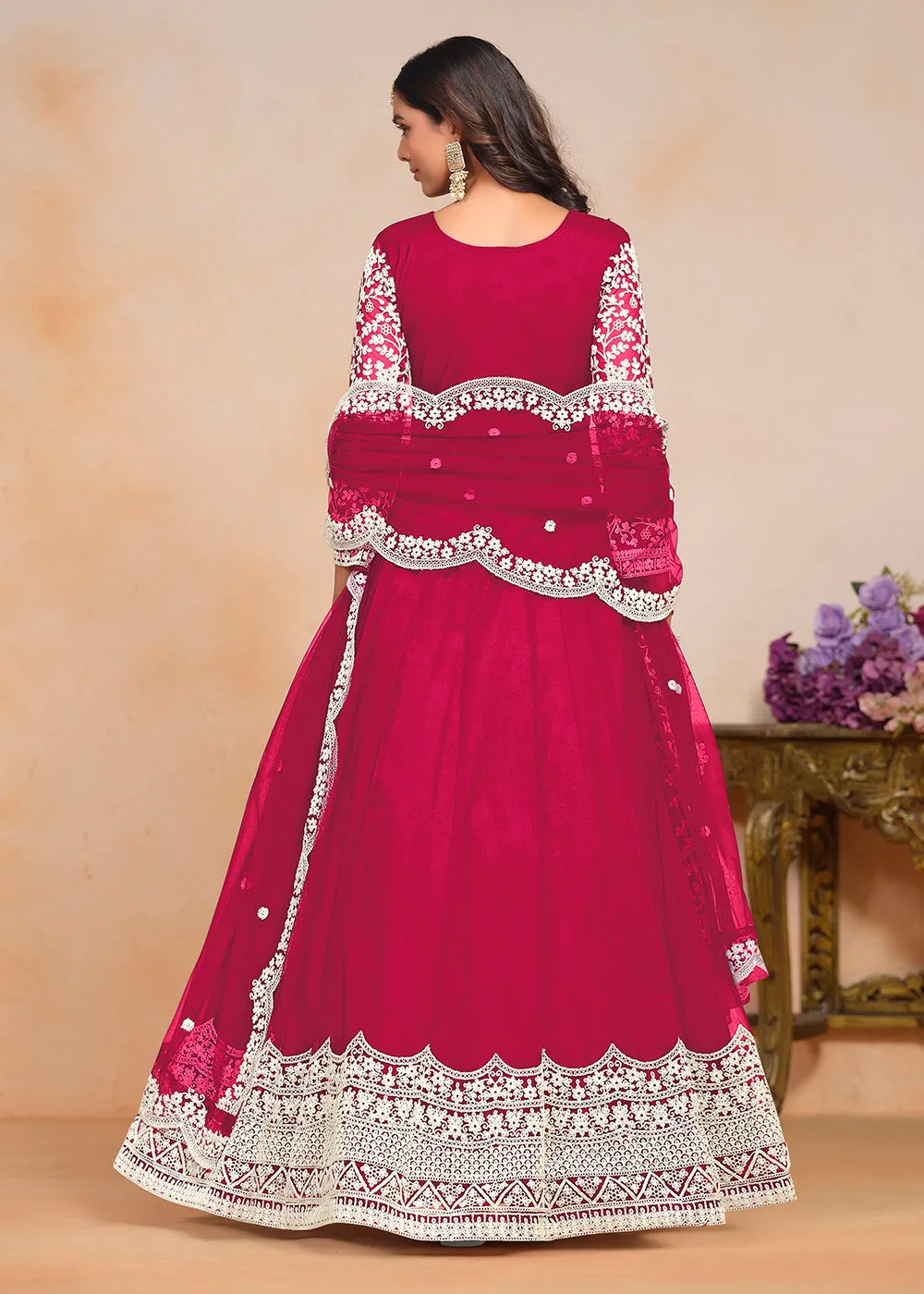 Festive Hot Pink Embroidered Net Designer Anarkali Dress