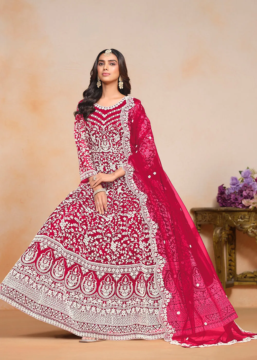 Festive Hot Pink Embroidered Net Designer Anarkali Dress