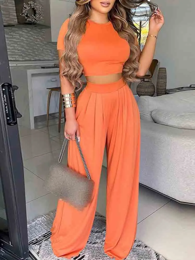 Graduation Gifts New Summer Women Two Piece Sets Elegant Print Office Outfits O Neck Short Sleeve T-shirt  Pullover   Wide Leg Pants Woman Suits