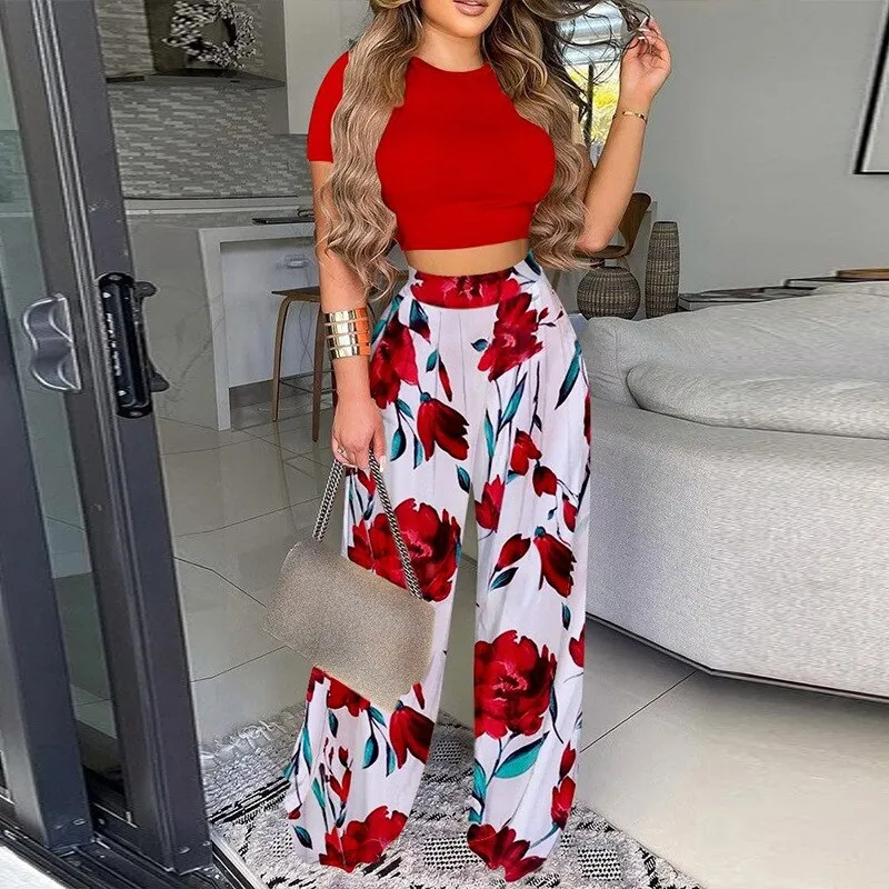 Graduation Gifts New Summer Women Two Piece Sets Elegant Print Office Outfits O Neck Short Sleeve T-shirt  Pullover   Wide Leg Pants Woman Suits