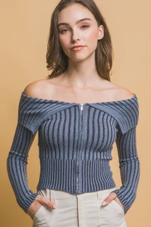 Hot Girl Bardot Contrast Ribbed Zippered Long Sleeve Top In Blue