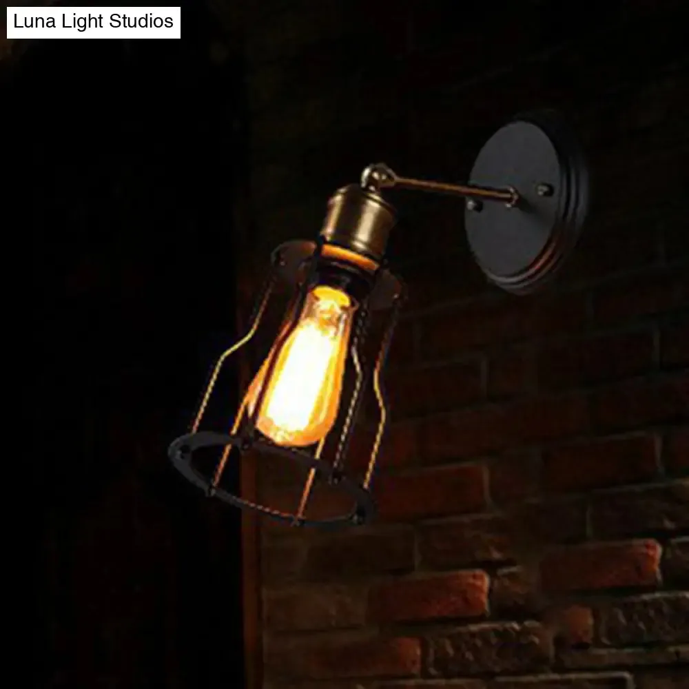 Industrial Black Metal Wall Lamp with Swivel Arm and Cage Shade