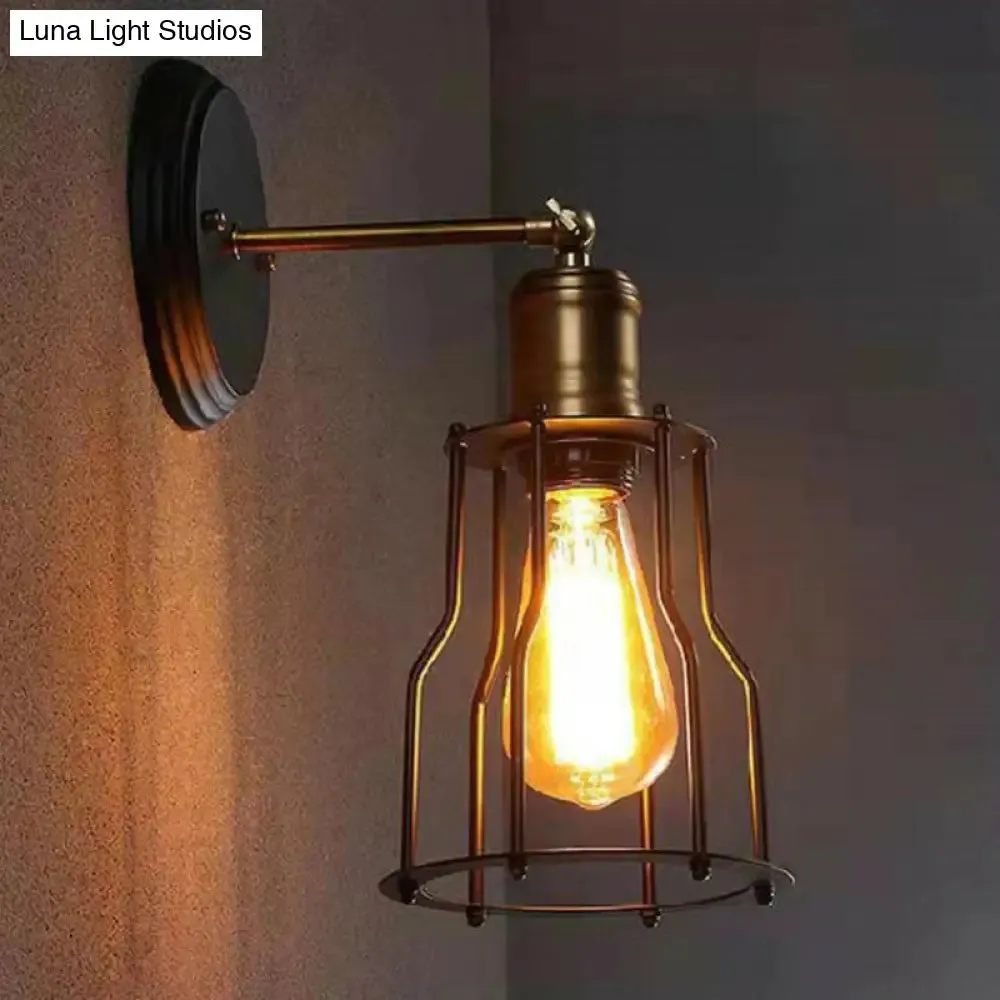 Industrial Black Metal Wall Lamp with Swivel Arm and Cage Shade