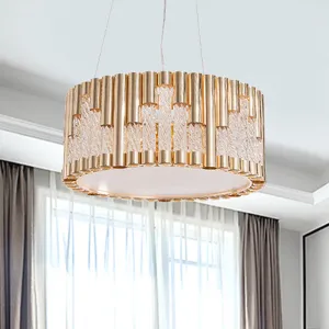 Modern 3-Light Gold Drum Pendant Chandelier for Living Room - Spiral Clear Glass Tube