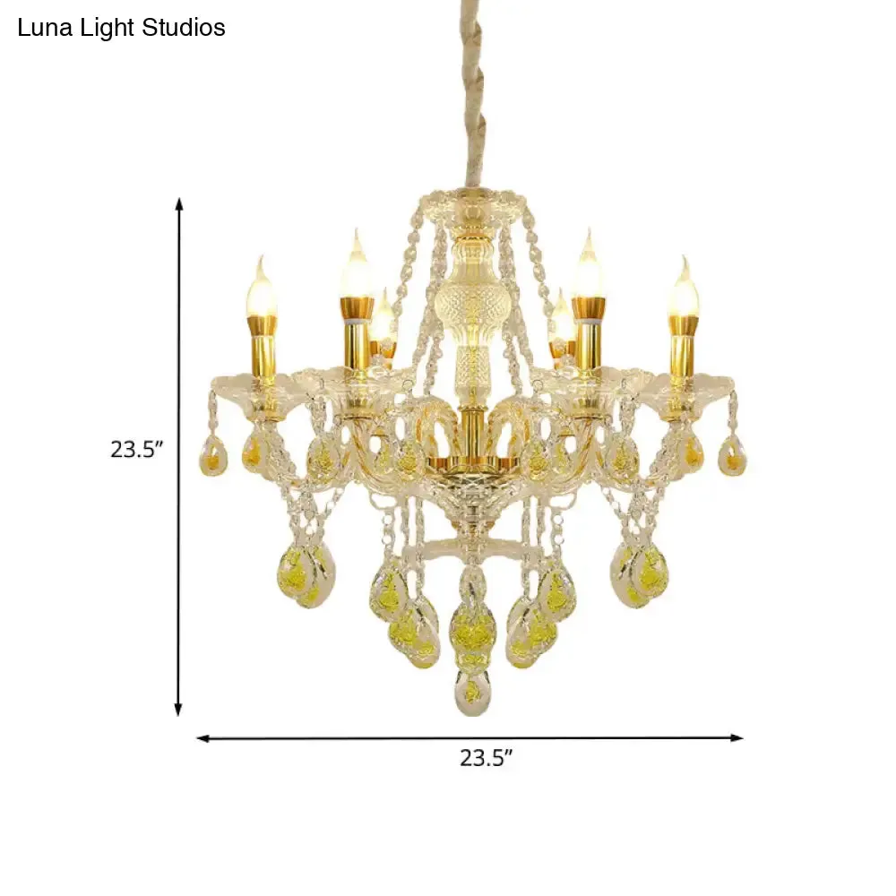 Modernist Gold Finish Candlestick Chandelier with Crystal Drip Pendant Lighting - 6 Bulbs