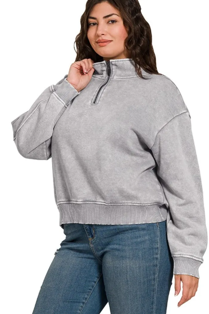 Plus Acid Wash Fleece Half Zip Pullover