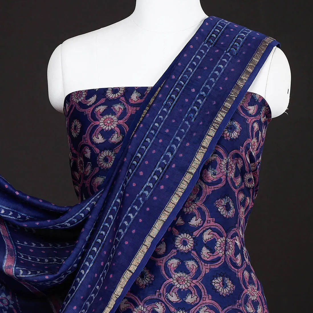 Purple - 3pc Akola Block Printed Chanderi Silk Suit Material Set