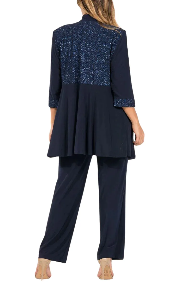 R&M Richards Three Piece Pantsuit With Sheer Sleeves and Neckline Beading (Plus Size)