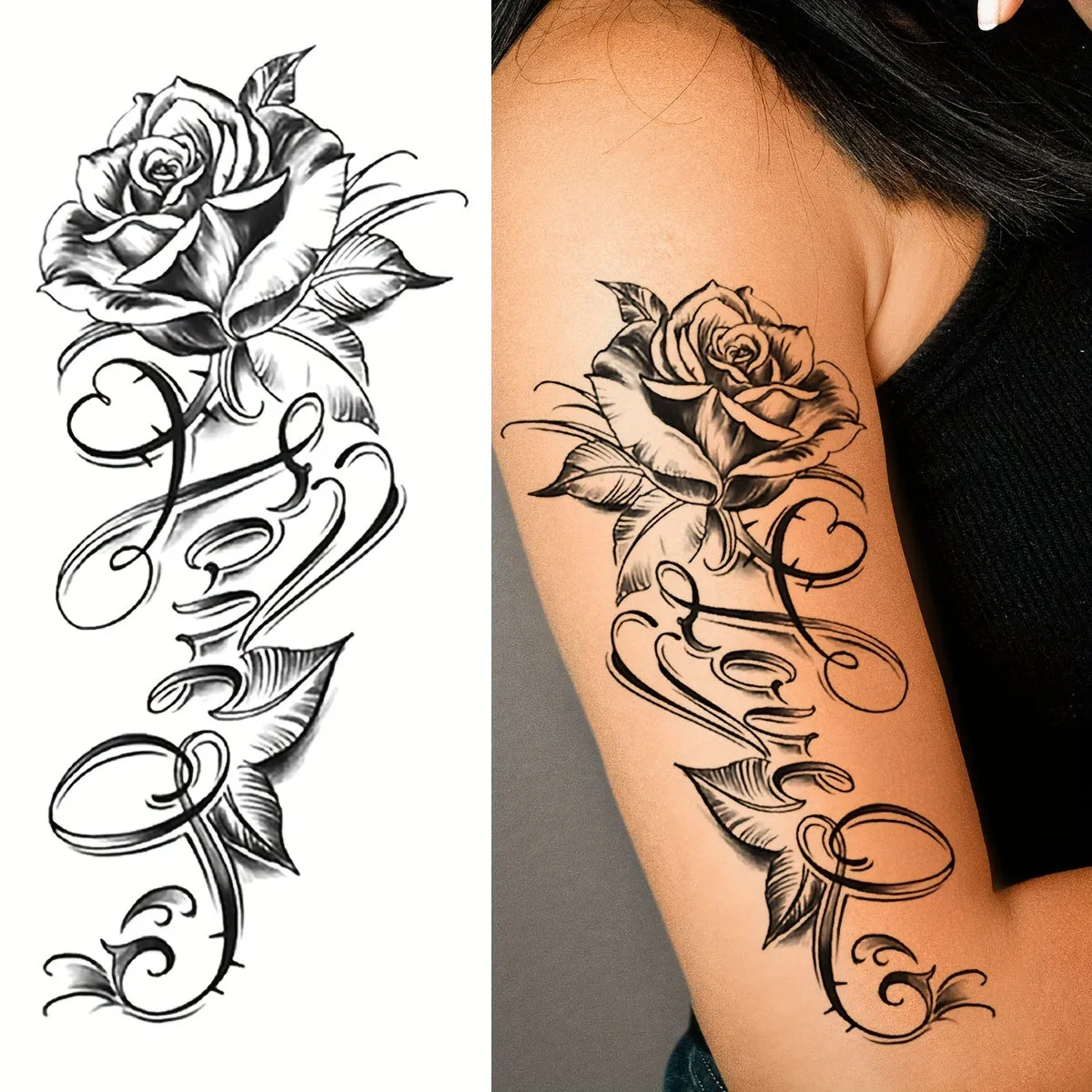 Rose  English Letter Temporary Tattoo Sticker for Waterproof Body Art