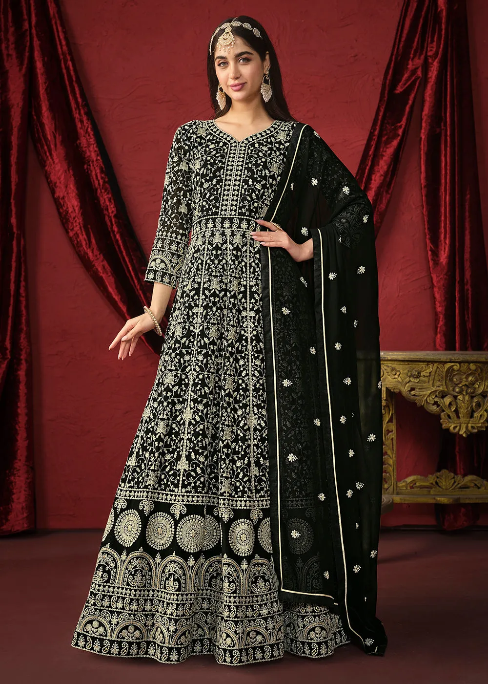 Stunning Black Front & Back Embroidered Trendy Anarkali Suit