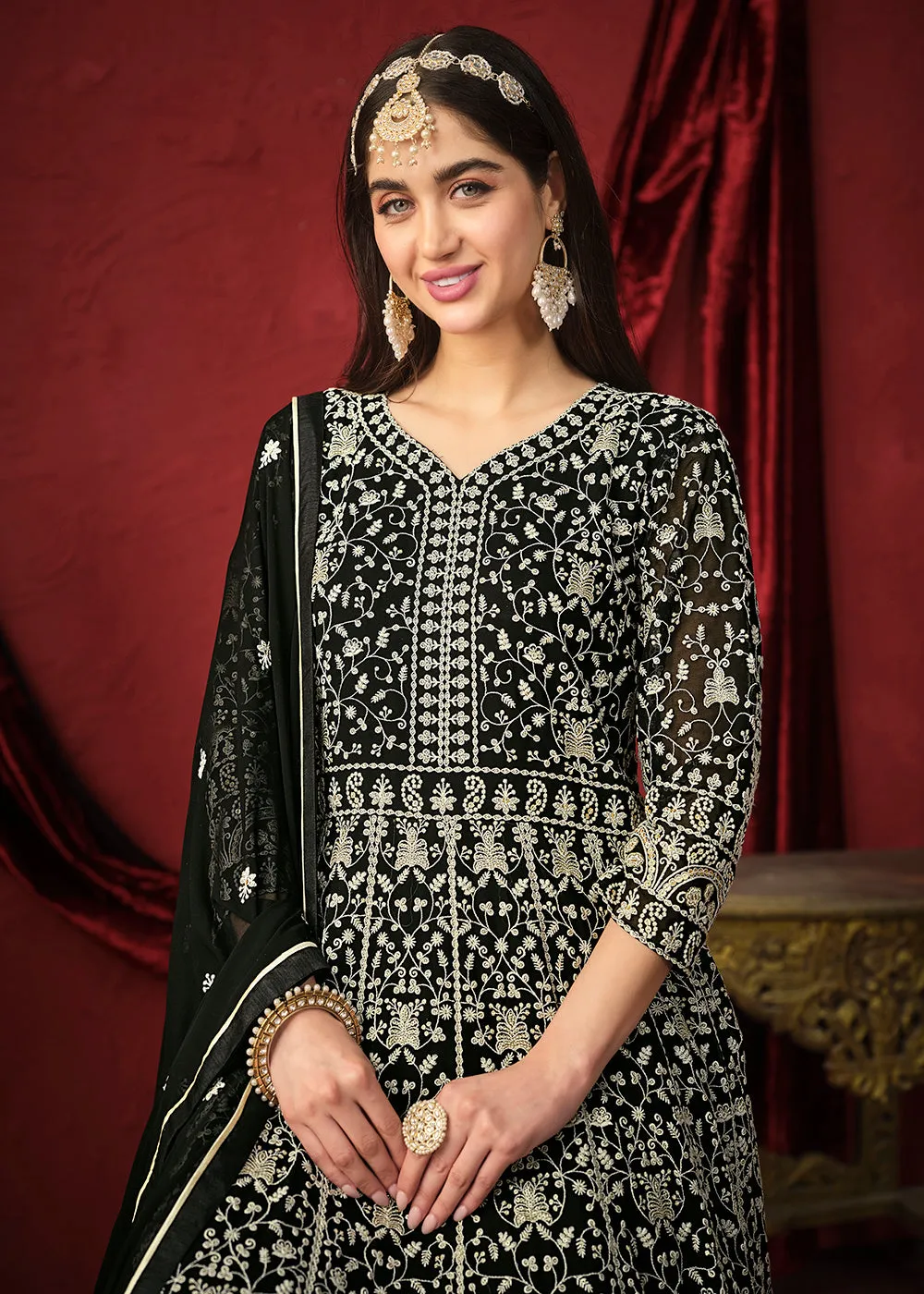 Stunning Black Front & Back Embroidered Trendy Anarkali Suit