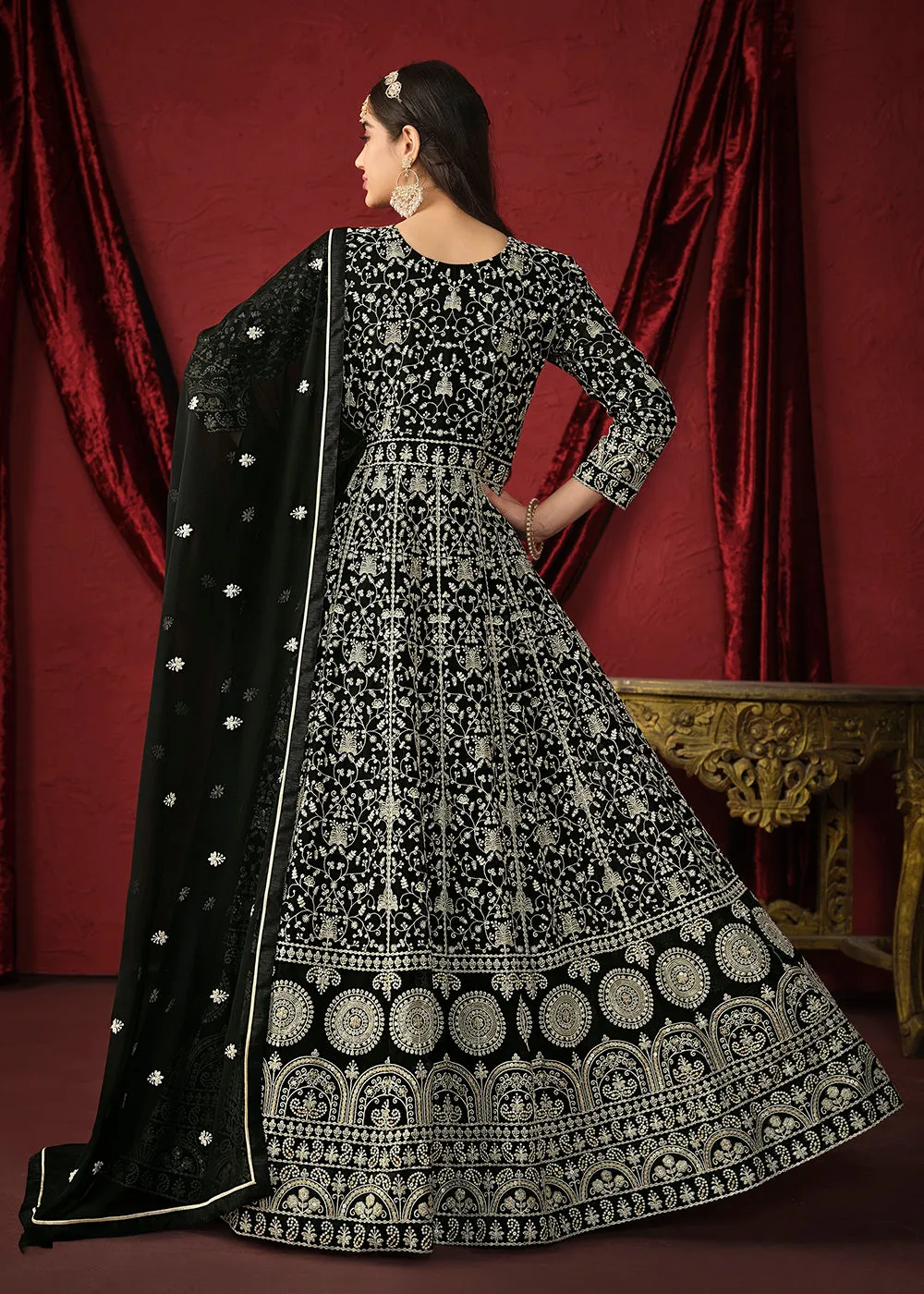 Stunning Black Front & Back Embroidered Trendy Anarkali Suit