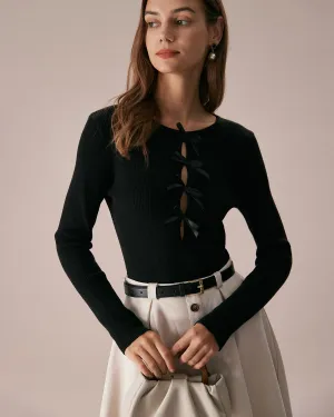 The Black Boat Neck Bowknot Front Knit Top