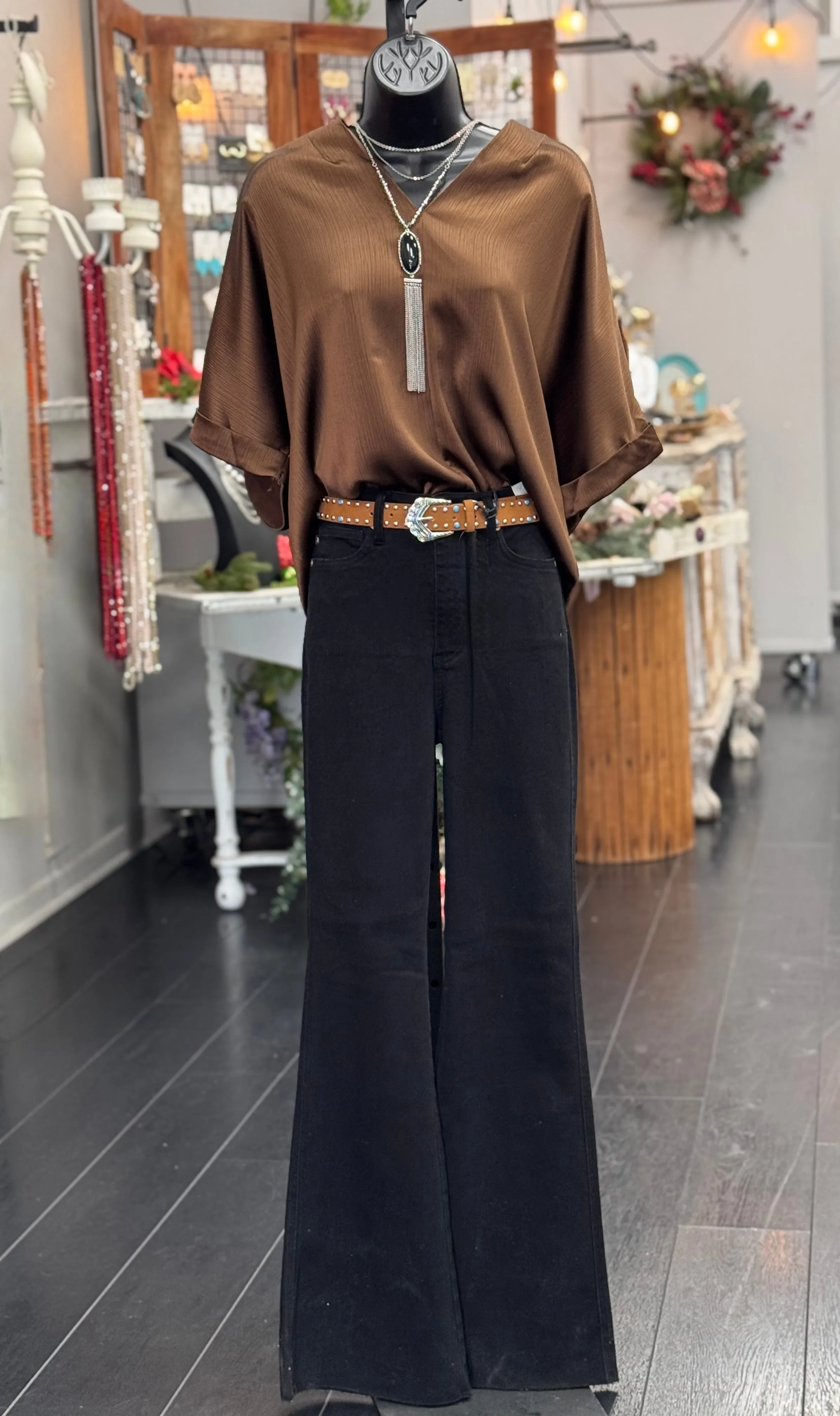 V-Neck Flowy Top in Brown