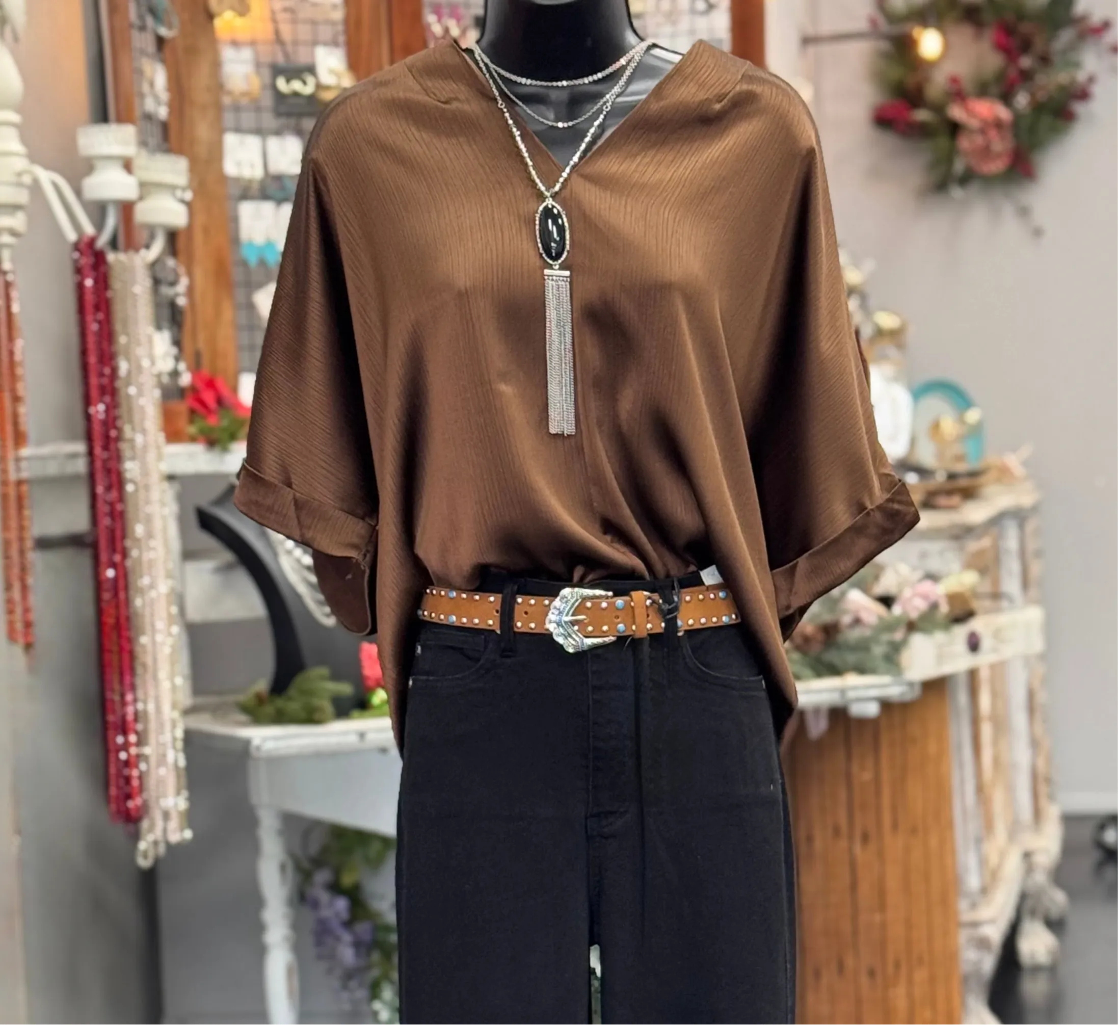 V-Neck Flowy Top in Brown