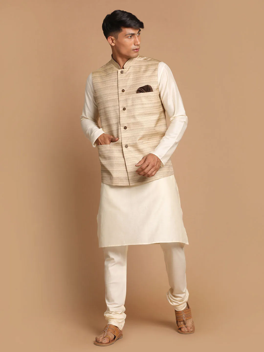 VASTRAMAY Beige Nehru Jacket & Cream Kurta Set