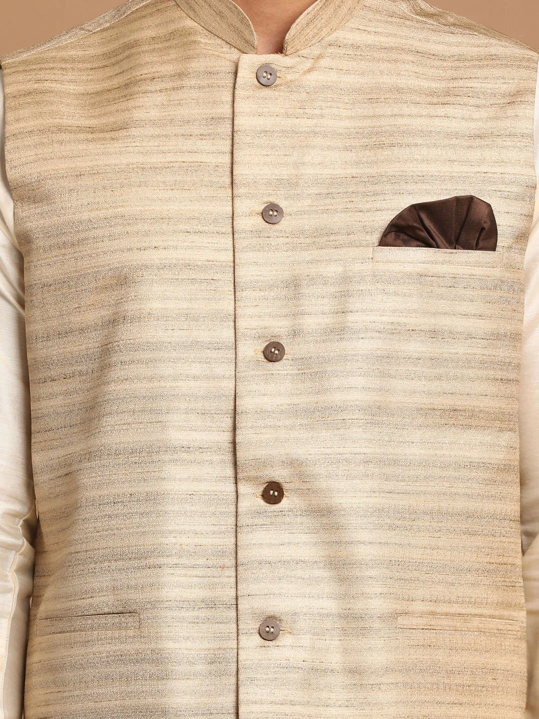 VASTRAMAY Beige Nehru Jacket & Cream Kurta Set