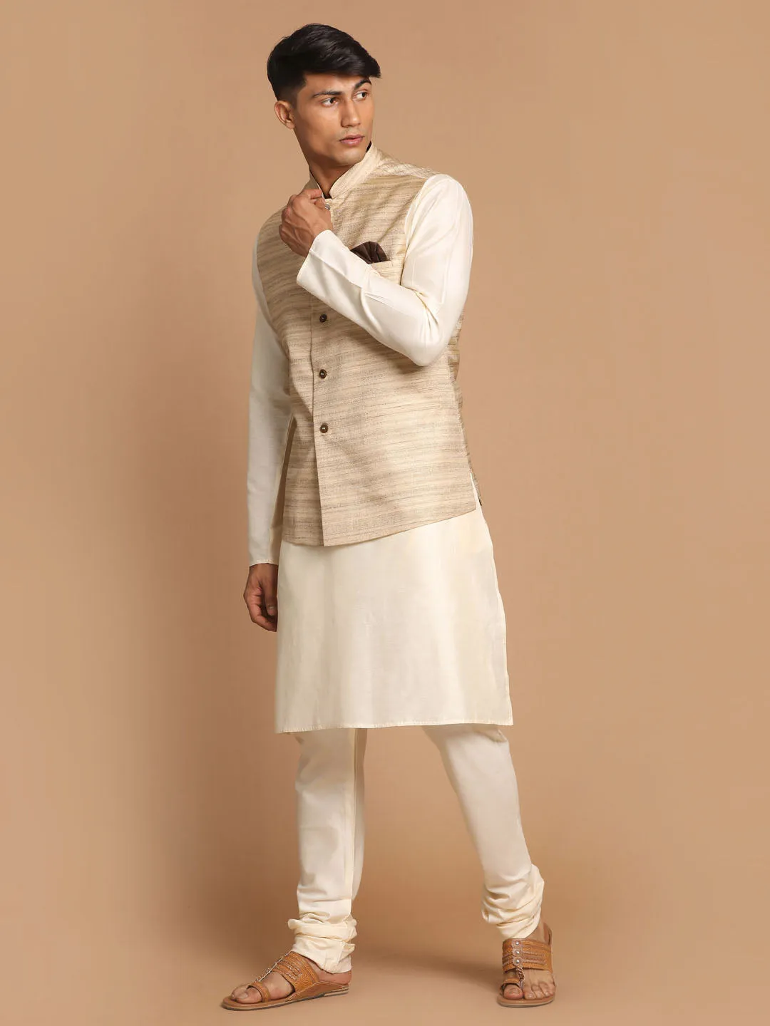 VASTRAMAY Beige Nehru Jacket & Cream Kurta Set