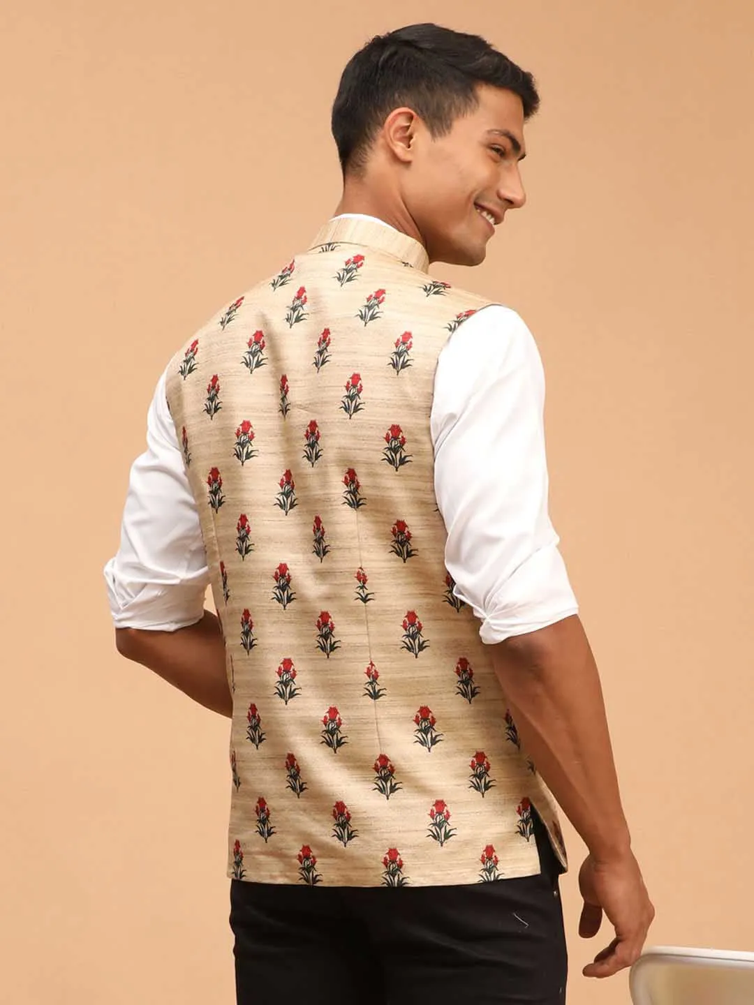 VASTRAMAY Beige Rose Print Silk Nehru Jacket