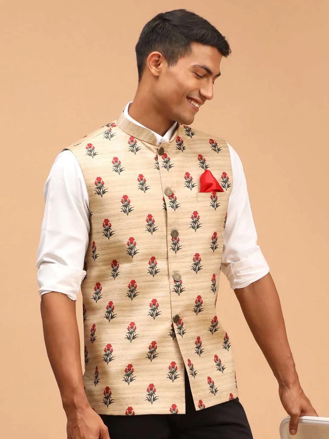 VASTRAMAY Beige Rose Print Silk Nehru Jacket