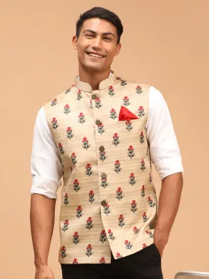 VASTRAMAY Beige Rose Print Silk Nehru Jacket