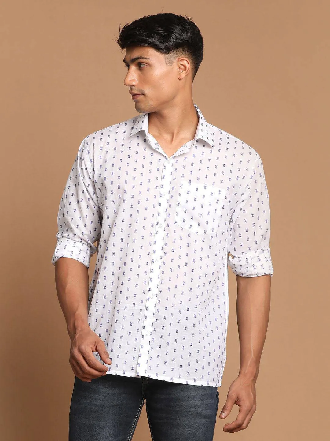 VASTRAMAY Blue & White Woven Cotton Shirt