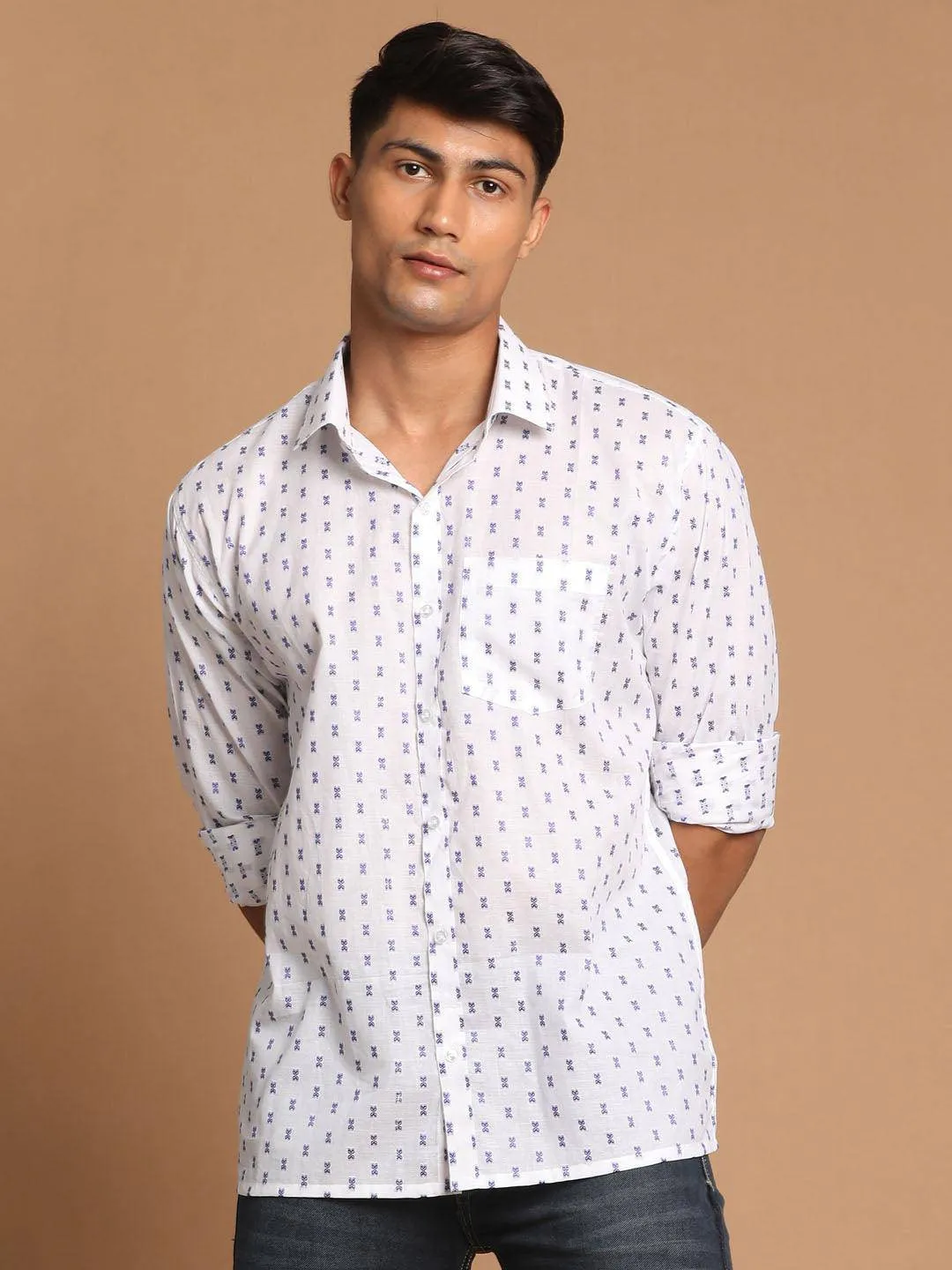 VASTRAMAY Blue & White Woven Cotton Shirt