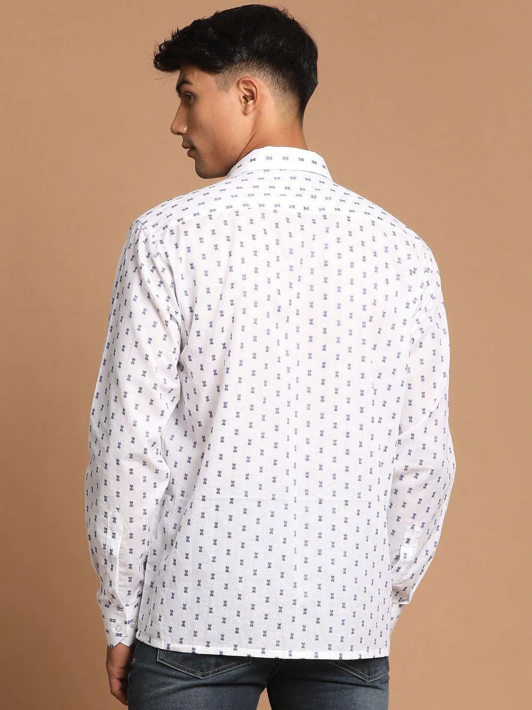 VASTRAMAY Blue & White Woven Cotton Shirt