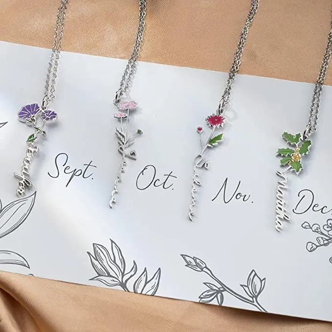 Watercolor Birth Flower Name Necklace