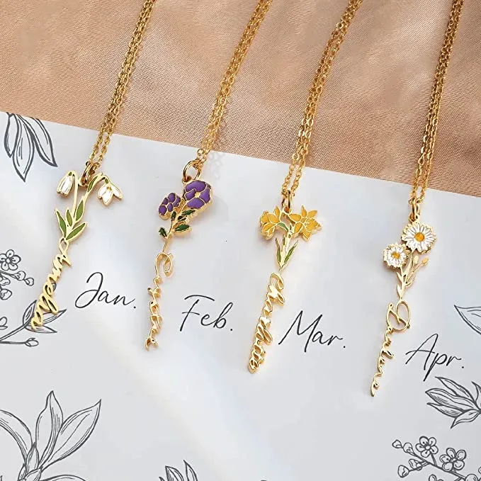 Watercolor Birth Flower Name Necklace